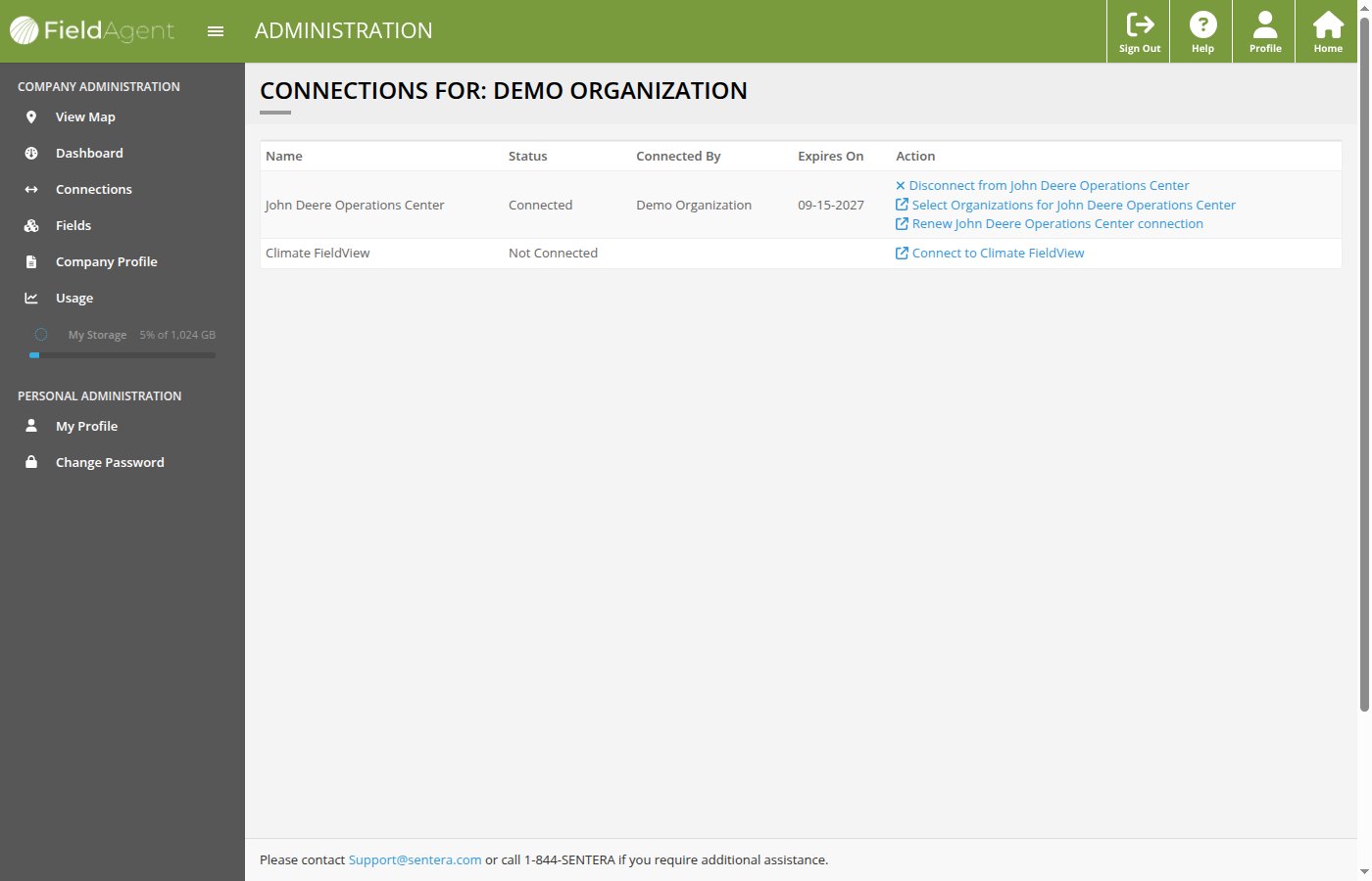 The Connections page of the FieldAgent administration site, headed CONNECTIONS FOR: DEMO ORGANIZATION, with a table of Name, Status, Connected By, Expires On and Action. John Deere Operations Center is Connected with Disconnect, Select Organizations and Renew actions; Climate FieldView is Not Connected with the action Connect to Climate FieldView