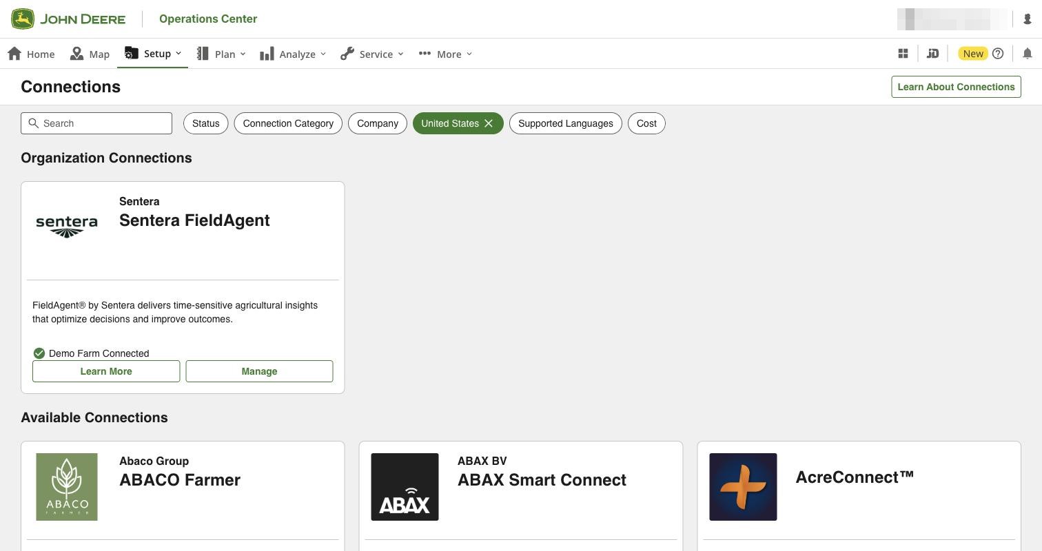 Operations Center Connections page showing the connected Sentera FieldAgent card