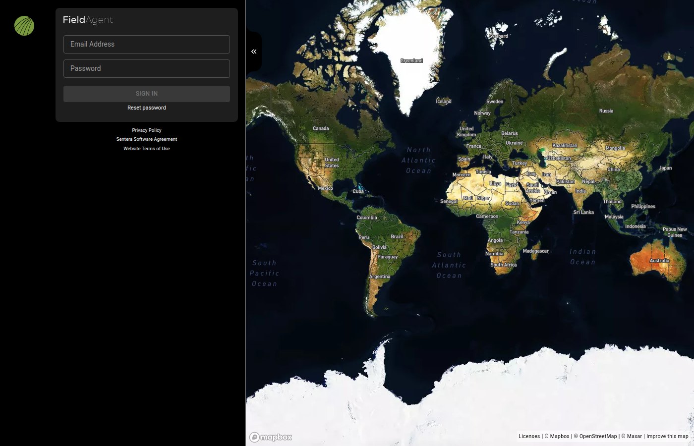 The FieldAgent Web sign-in page: a dark panel with the FieldAgent wordmark, Email Address and Password fields, a grayed-out SIGN IN button, a Reset password link, and the footer links Privacy Policy, Sentera Software Agreement and Website Terms of Use, over a world map