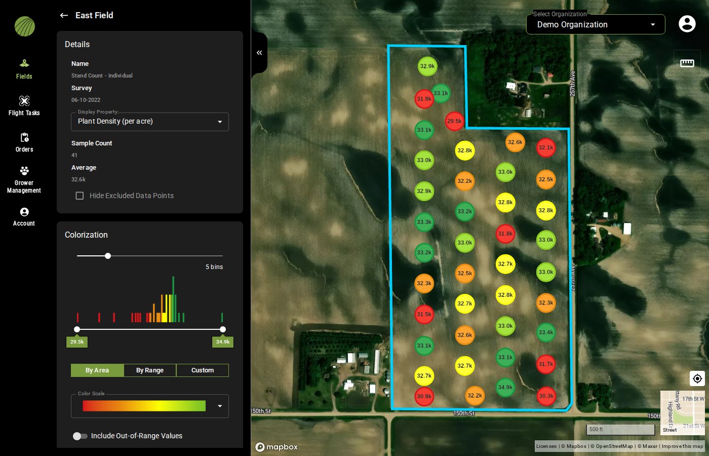 The Stand Count - Individual layer: colored dots labeled with plant density such as 32.9k across the field, and the Details panel showing Display Property Plant Density (per acre), Sample Count 41, Average 32.6k, and the Colorization controls