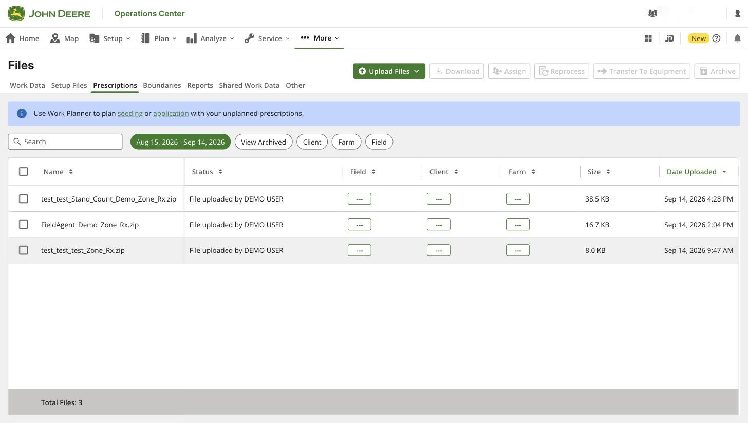Operations Center Files › Prescriptions with the banner Use Work Planner to plan seeding or application with your unplanned prescriptions and the uploaded prescription rows
