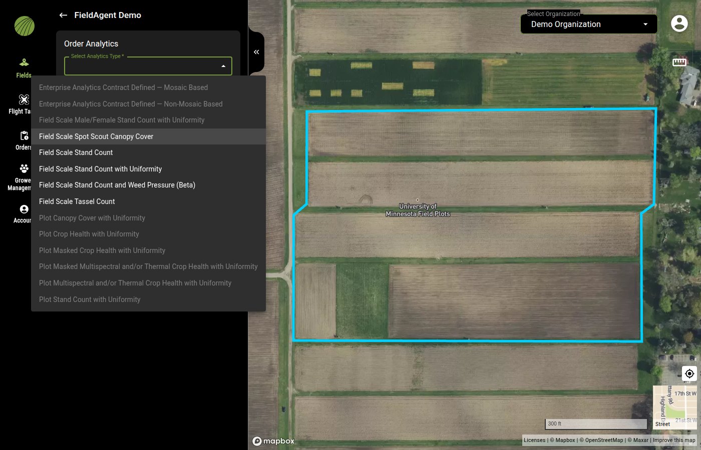 The Order Analytics panel with the Select Analytics Type menu open. Field Scale Spot Scout Canopy Cover, Field Scale Stand Count, Field Scale Stand Count with Uniformity, Field Scale Stand Count and Weed Pressure (Beta) and Field Scale Tassel Count are selectable; Enterprise Analytics Contract Defined, Field Scale Male/Female Stand Count with Uniformity and the Plot products are grayed out