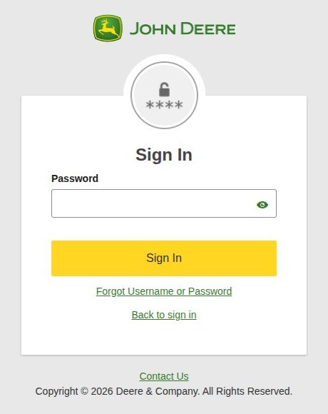 John Deere Sign In page, second step: the field Password with a show-password eye, the button Sign In, and the links Forgot Username or Password and Back to sign in