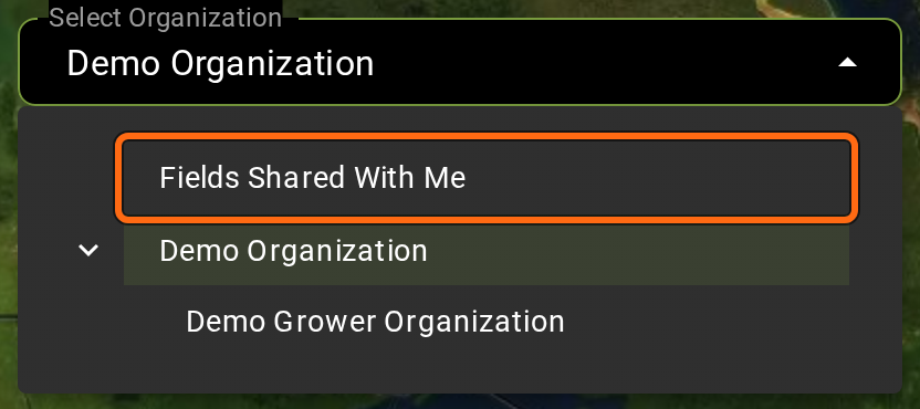 The Select Organization list open with Fields Shared With Me outlined above Demo Organization and Demo Grower Organization