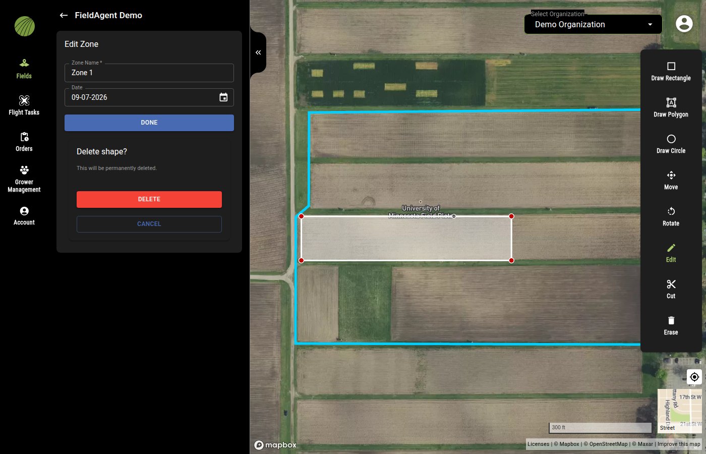 The Edit Zone panel with the Delete shape? confirmation box below DONE, reading This will be permanently deleted. above red DELETE and outlined CANCEL buttons; on the map the reshaped zone shows red corner points inside the field boundary