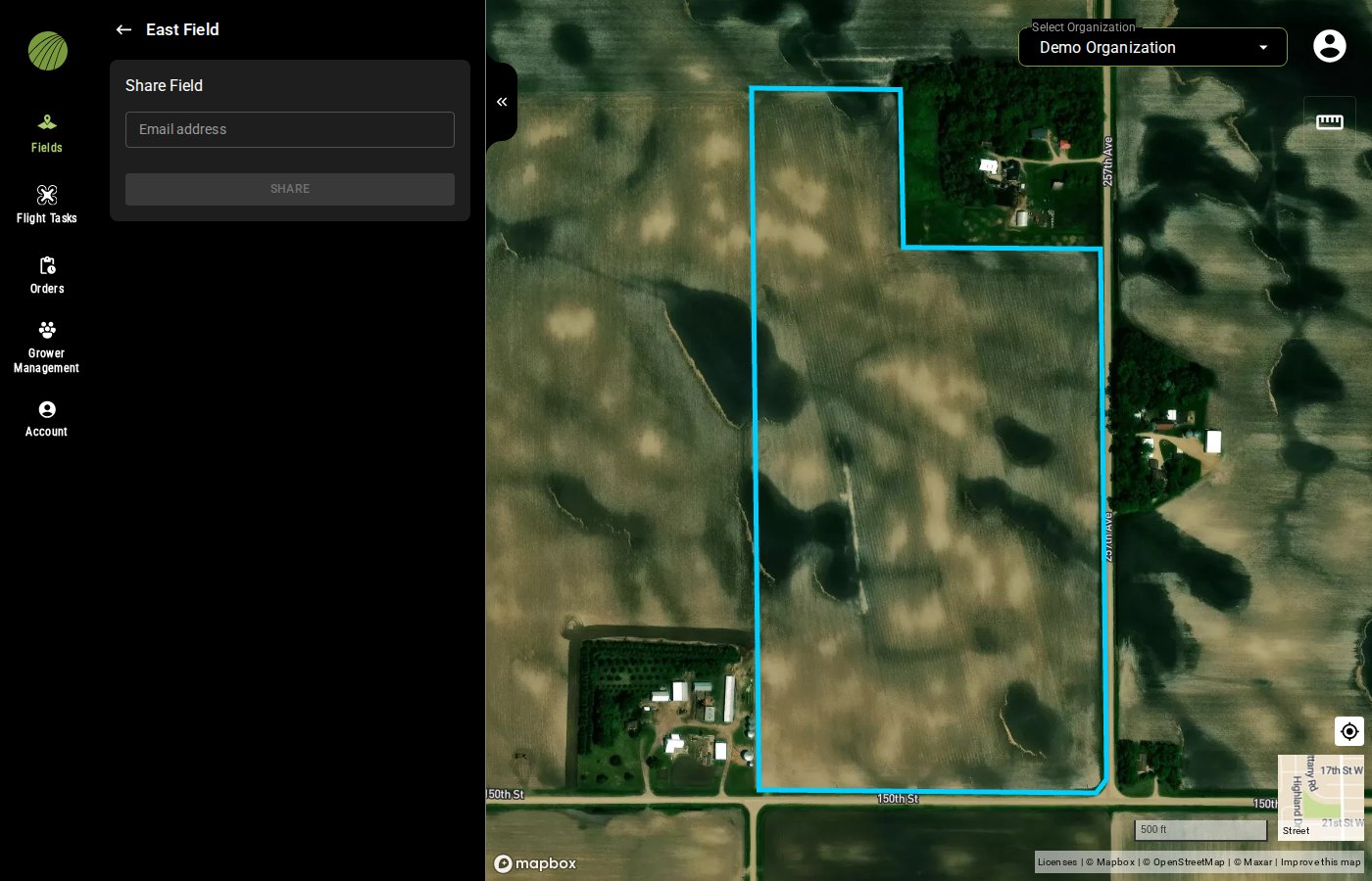 The Share Field form with an Email address box and a SHARE button, next to the field boundary on the map