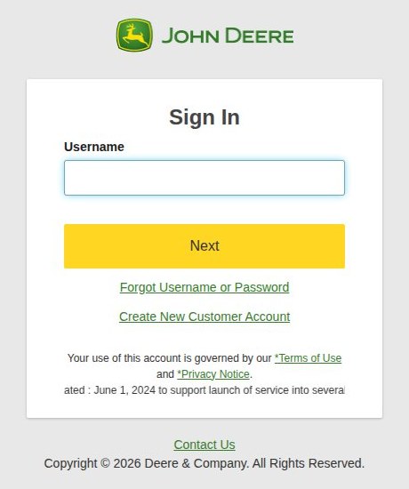 John Deere Sign In page: the field Username, the button Next, and the links Forgot Username or Password and Create New Customer Account