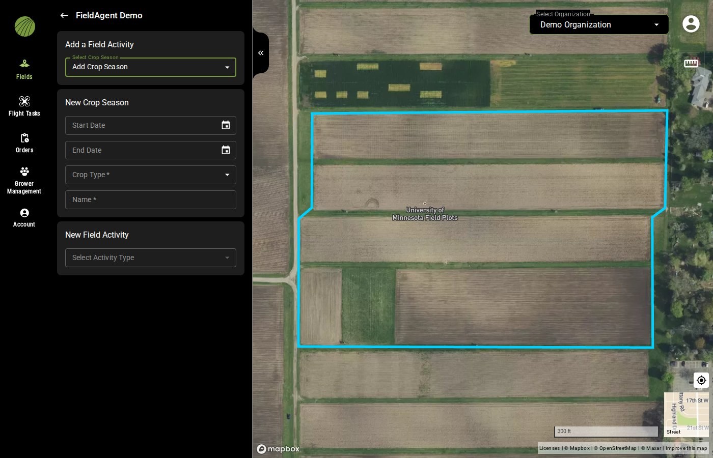 The Add a Field Activity page of the same field with Add Crop Season chosen: the empty New Crop Season form with Start Date, End Date, Crop Type and Name