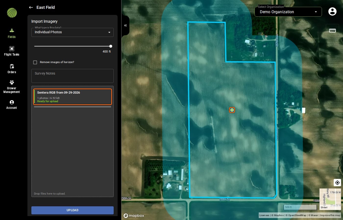 Import Imagery on East Field with one photo added: the survey Sentera RGB from 09-29-2026, 1 photos, 6.92 kB, Ready for upload, and its green dot on the map, both outlined, with UPLOAD enabled