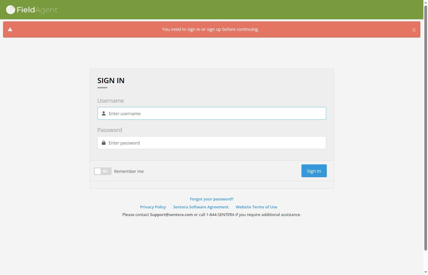 FieldAgent administration SIGN IN page with the banner You need to sign in or sign up before continuing, the fields Username and Password, the Remember me toggle button and the button Sign In