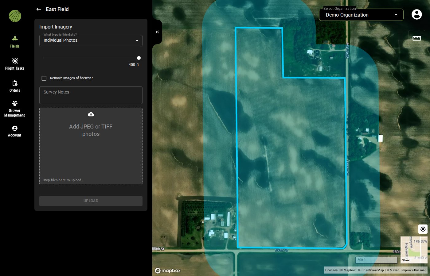 The Import Imagery form set to Individual Photos, with the buffer slider at 400 ft, the Remove images of horizon checkbox, Survey Notes, and the photo drop zone; the map shows the buffer as a shaded band around the field