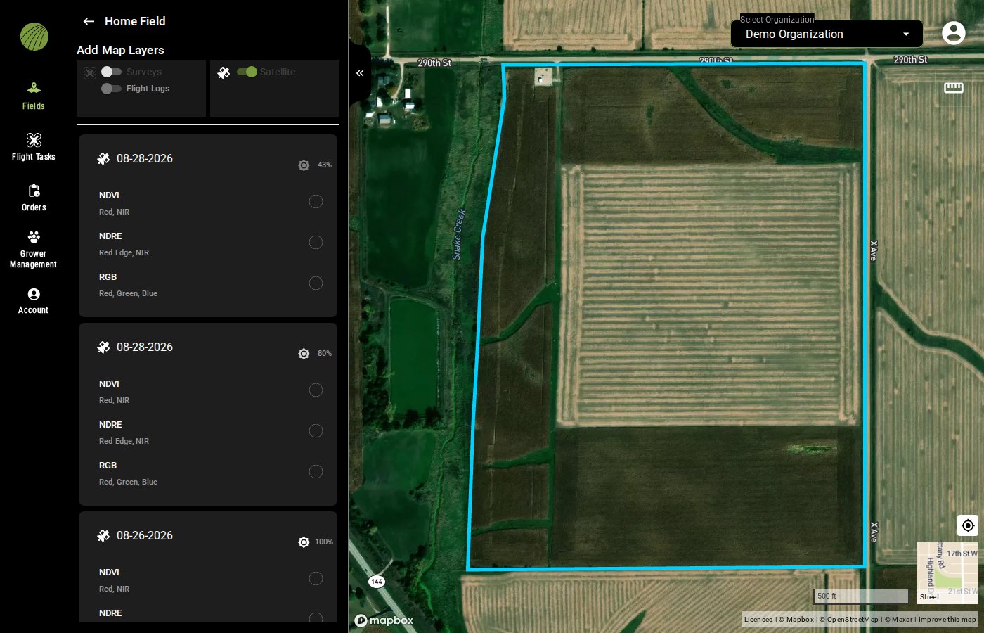 Add Map Layers with the Satellite toggle button on, listing two scenes dated 08-28-2026 at 43 and 80 percent and one dated 08-26-2026 at 100 percent, each with NDVI (Red, NIR), NDRE (Red Edge, NIR), and RGB (Red, Green, Blue) layers