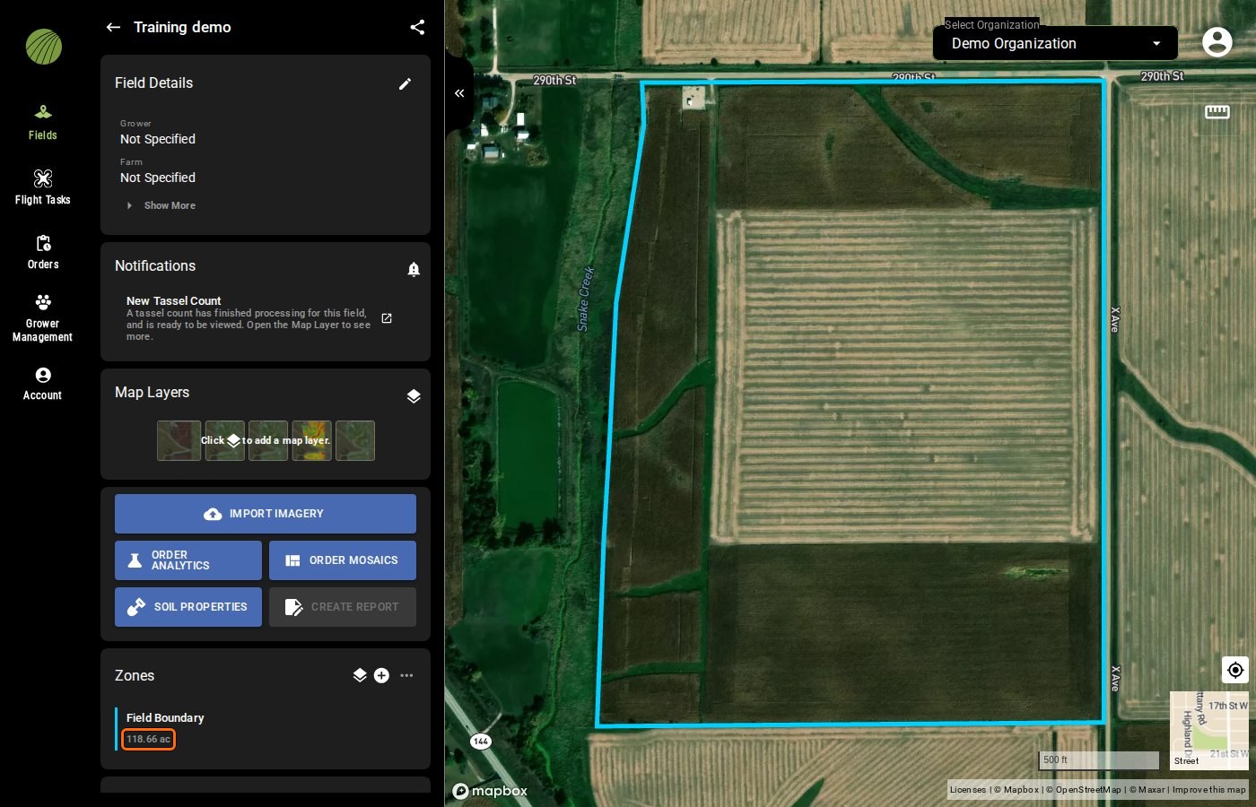 The Training demo field view with the acreage under Field Boundary in the Zones module, 118.66 ac, outlined