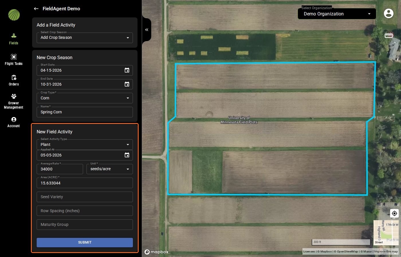 Add a Field Activity with Add Crop Season chosen: New Crop Season from 04-15-2026 to 10-31-2026, Crop Type Corn and Name Spring Corn, and New Field Activity outlined with Plant, Applied At 05-05-2026, Average Rate 34000 seeds/acre, Area 15.633044 and SUBMIT enabled