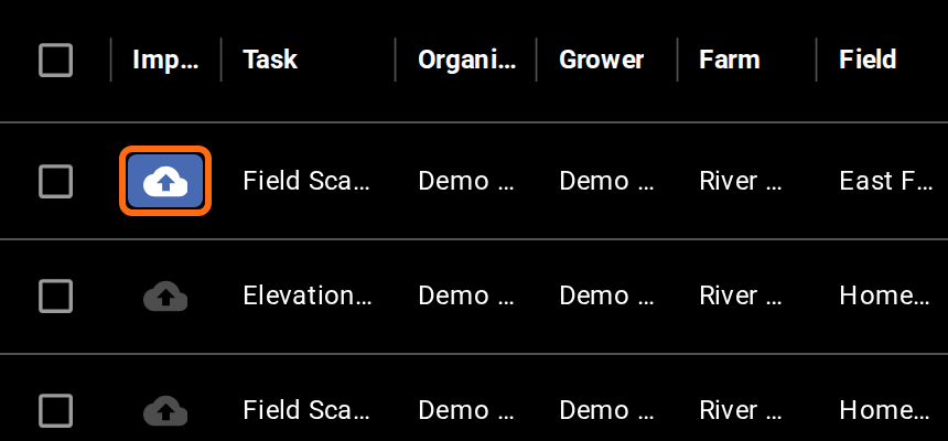 The Import column of the Flight Tasks table: the blue upload icon of an OPEN task outlined, and the grayed-out icons of COMPLETE tasks below it