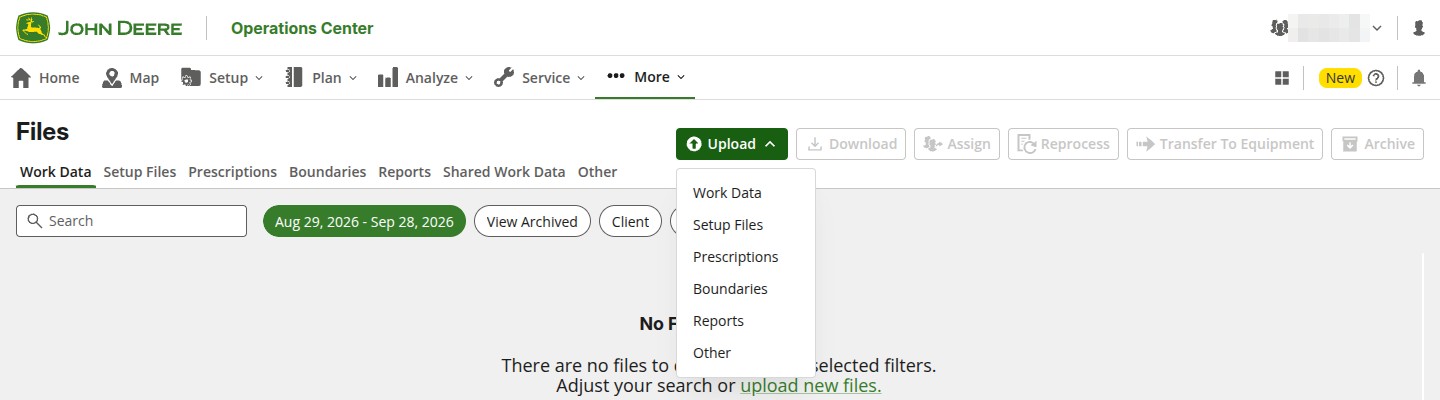 Operations Center Files with the Upload menu open: Work Data, Setup Files, Prescriptions, Boundaries, Reports, Other