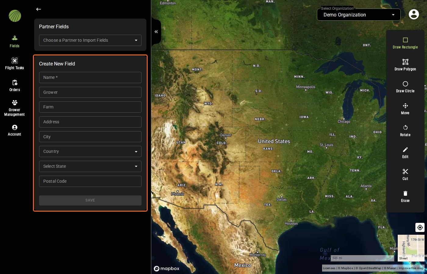 The Create New Field form outlined below Partner Fields, with Name, Grower, Farm, Address, City, Country, Select State, Postal Code and SAVE, and the map zoomed out over the United States with the drawing tools on the right
