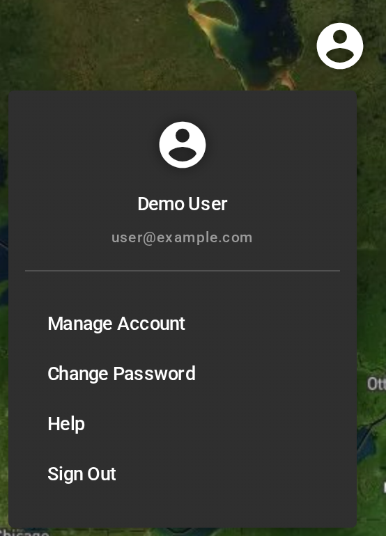 The account menu open under the account icon: Demo User, user@example.com, Manage Account, Change Password, Help and Sign Out