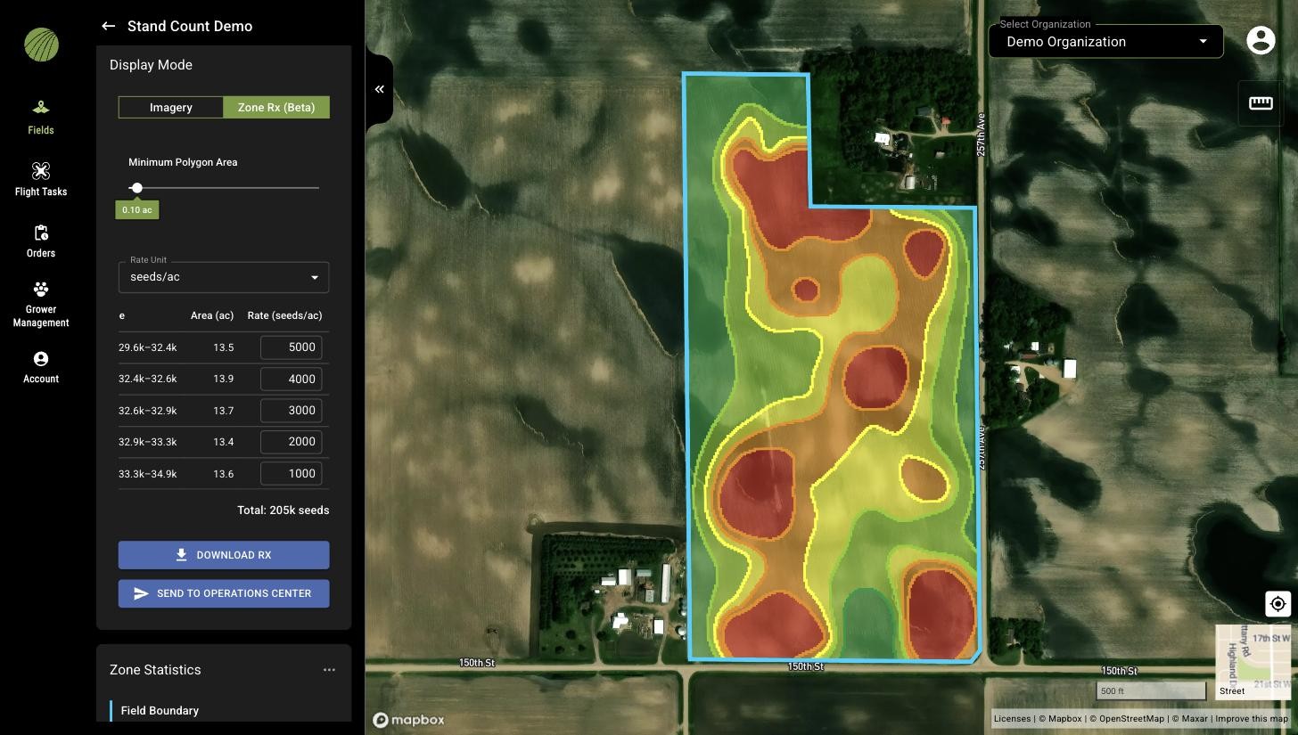 FieldAgent Web Zone Rx (Beta) with five population zones and their rates, Total seeds, and the buttons DOWNLOAD RX and SEND TO OPERATIONS CENTER
