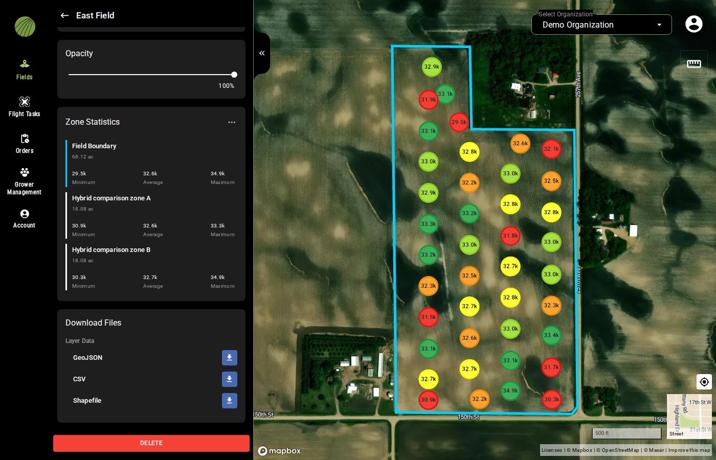 The bottom of a Stand Count layer's details panel with Zone Statistics for the field boundary and two hybrid comparison zones and the Download Files section listing GeoJSON, CSV, and Shapefile with download icons