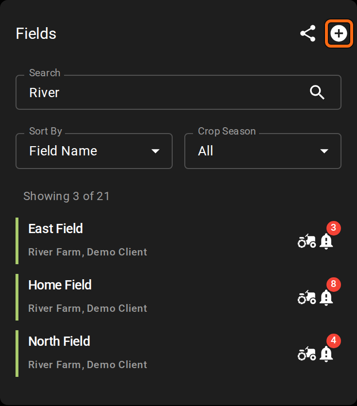 The Fields panel with the plus icon outlined in its header, next to the share icon, above Search, Sort By, Crop Season and the field list