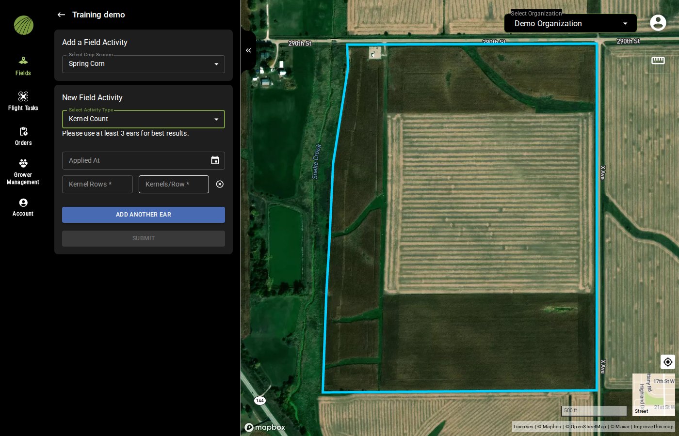 The New Field Activity form with Kernel Count selected, an Applied At date, Kernel Rows and Kernels/Row fields for one ear, and the ADD ANOTHER EAR button
