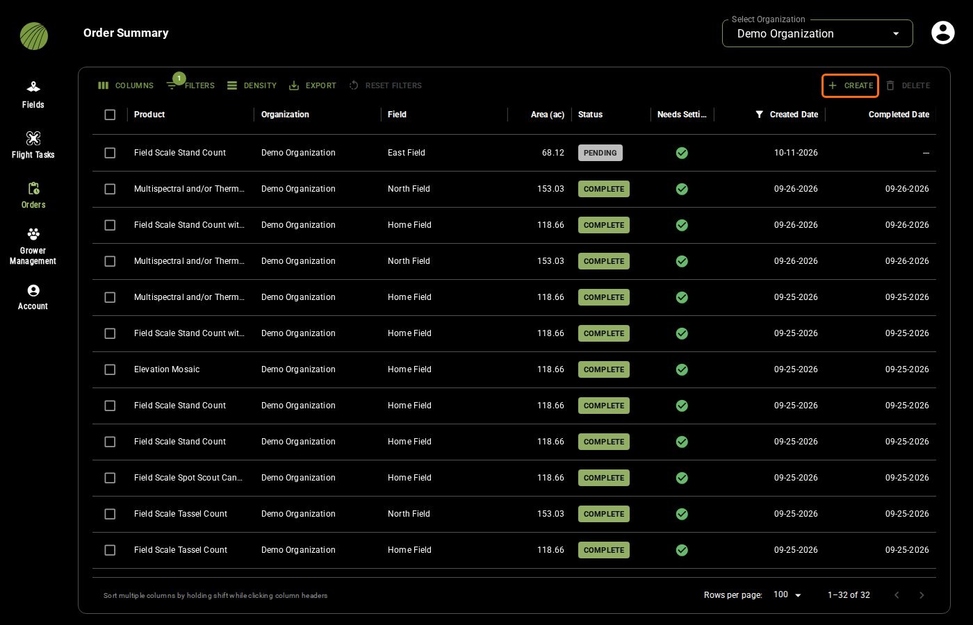 The Orders page with the Order Summary table and the CREATE button outlined in the table toolbar; the first row is a PENDING Field Scale Stand Count on East Field