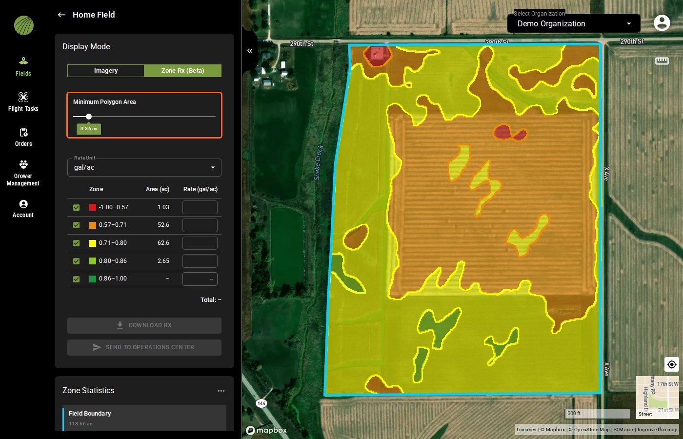 The same NDVI layer in Zone Rx (Beta) with Minimum Polygon Area raised to 0.36 ac: the small specks have merged into the larger zones around them on the map