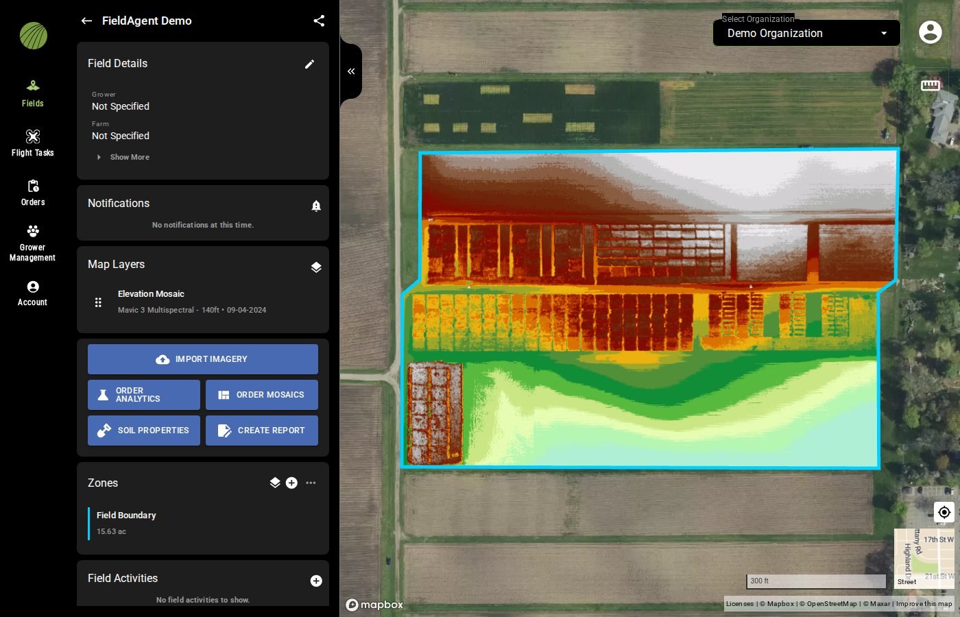 The FieldAgent Demo field with its Elevation Mosaic on: the Map Layers module lists Elevation Mosaic, Mavic 3 Multispectral - 140ft • 09-04-2024, and the map shows brown and white for the higher ground and green and cyan for the lower