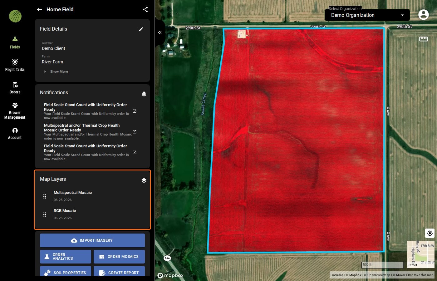 The Home Field field view with the Map Layers module outlined, listing Multispectral Mosaic and RGB Mosaic, both 06-25-2026, and the Multispectral Mosaic drawn on the field