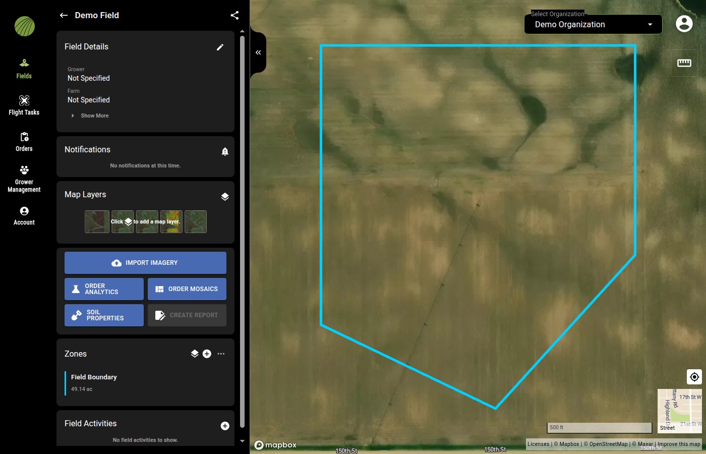 The field view right after SAVE: the polygon just drawn as the boundary, Field Details with Grower and Farm Not Specified, an empty Map Layers module and the Zones module showing Field Boundary 49.14 ac