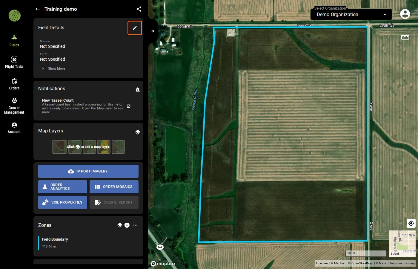 The Training demo field view with the pencil of the Field Details module outlined