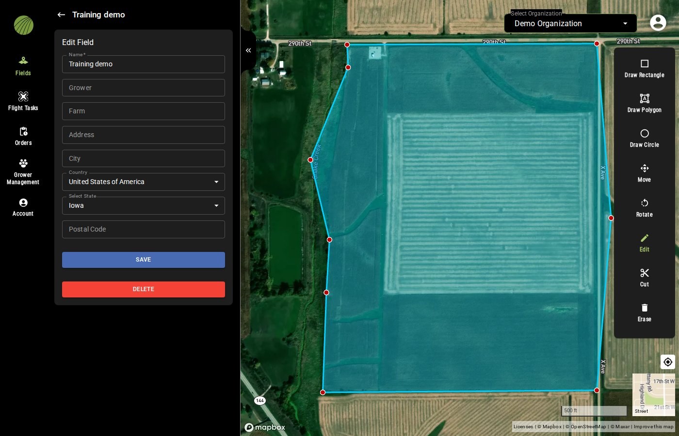 The same Edit Field form and boundary after the changes: the corner on the creek side dragged outward and a red point added on the right edge, with Edit active in the drawing toolbar