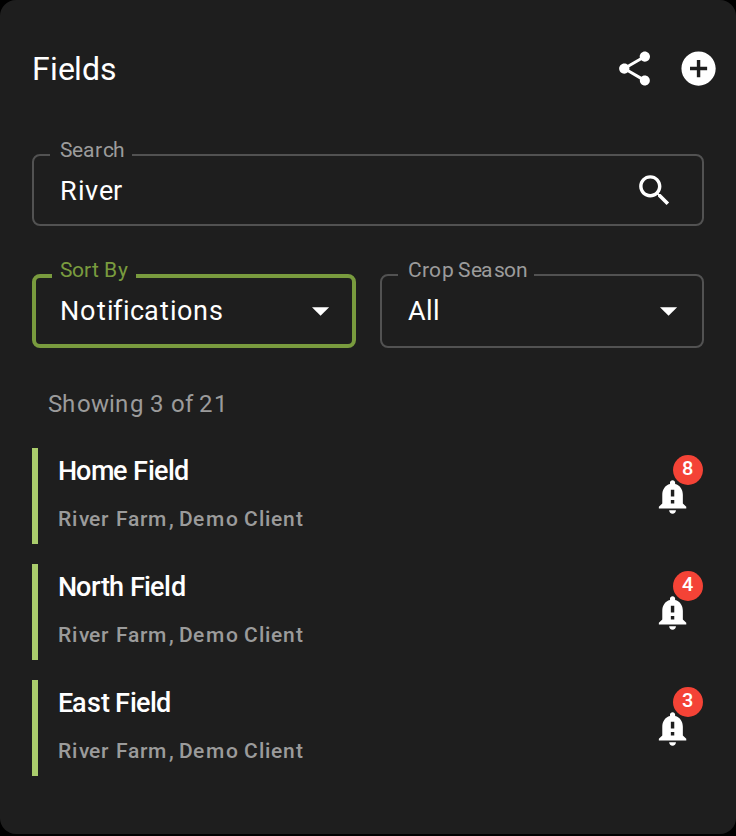 The Fields panel with River typed in Search and Sort By set to Notifications, showing 3 of 21 fields: Home Field, North Field and East Field, each with a notification bell