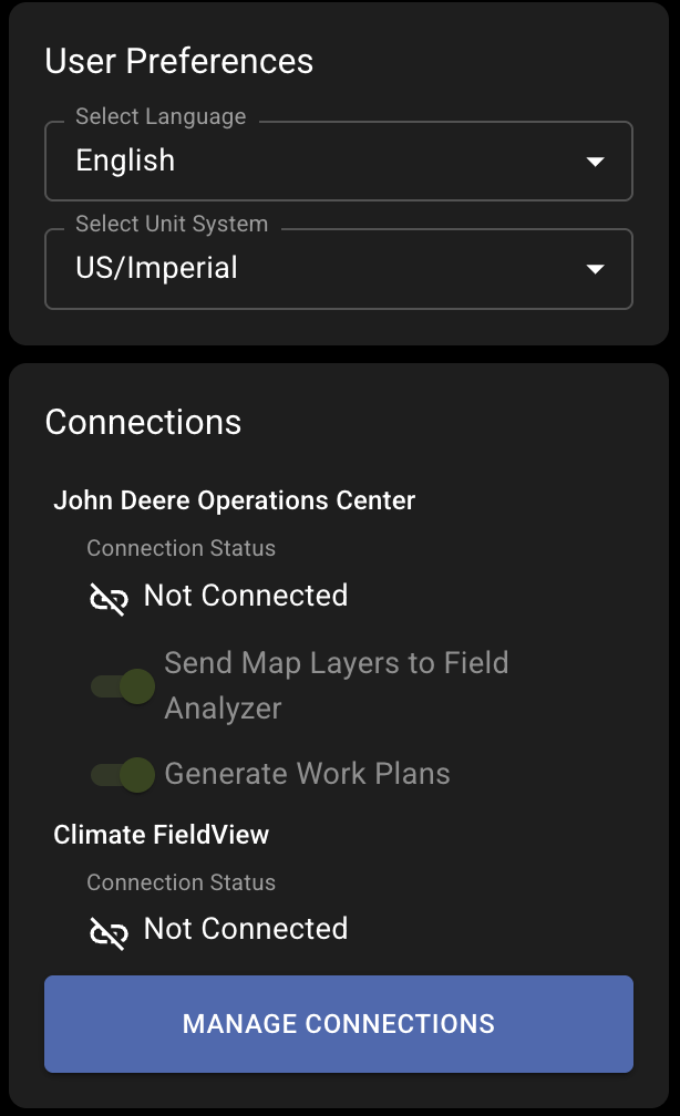 The User Preferences module with Select Language and Select Unit System, and the Connections module with John Deere Operations Center and Climate FieldView status