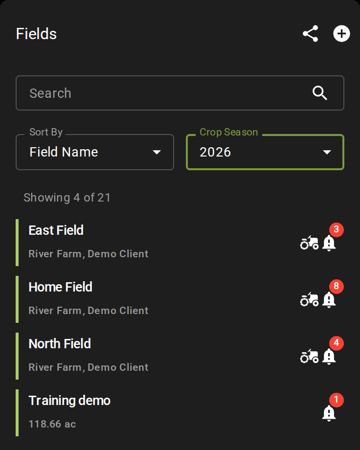 The Fields panel with Crop Season set to 2026, showing 4 of 21 fields: East Field, Home Field, North Field and Training demo