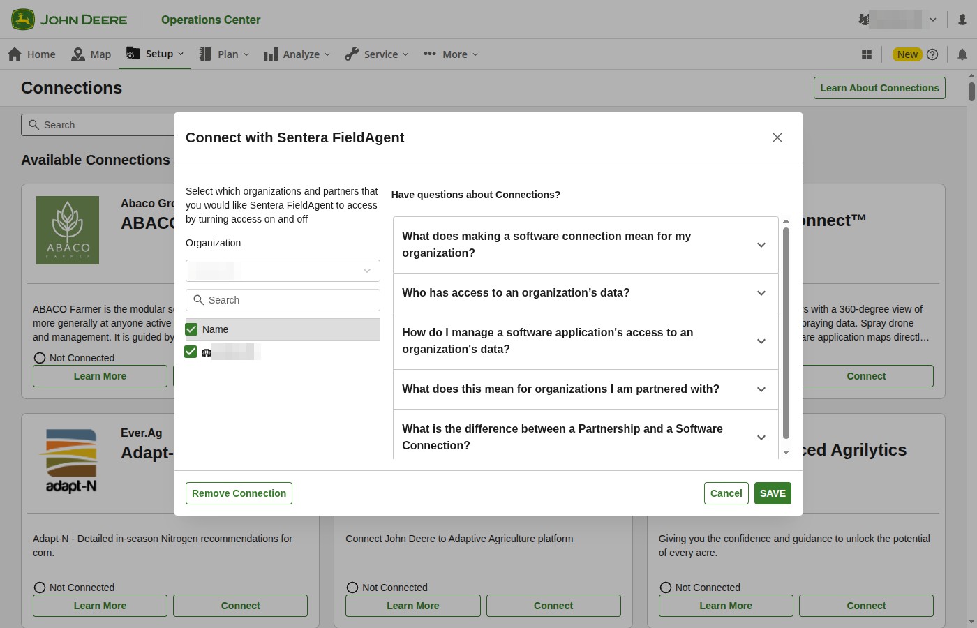 Operations Center dialog Connect with Sentera FieldAgent: the organization checked, and the buttons Remove Connection, Cancel and SAVE
