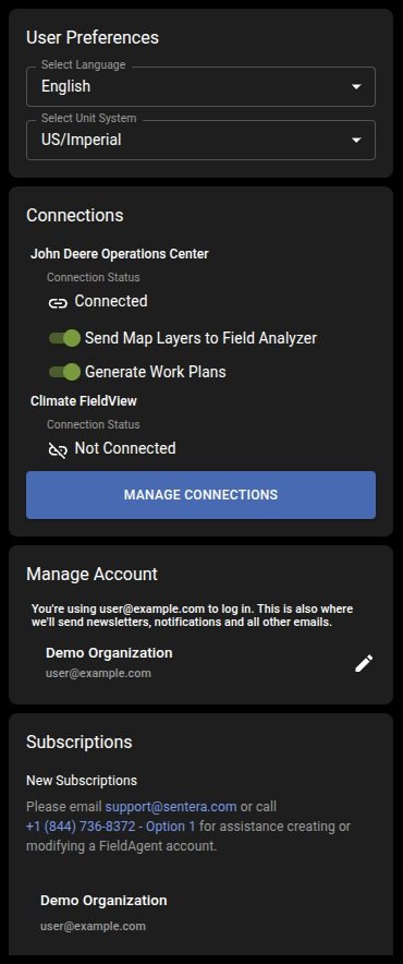FieldAgent Account page after the connection: under Connections, John Deere Operations Center shows Connected with the toggle buttons Send Map Layers to Field Analyzer and Generate Work Plans on