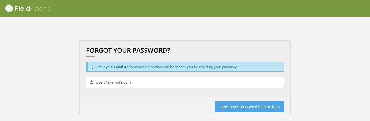 The FORGOT YOUR PASSWORD? page on admin.sentera.com: Enter your Email Address and instructions will be sent to you for resetting your password, an email box with user@example.com and the Send reset password instructions button