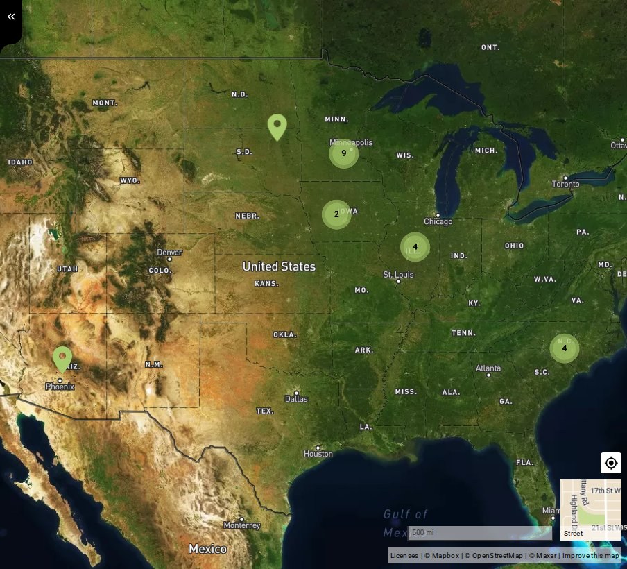 The Fields map zoomed out over the United States, with numbered clusters of fields and two single field markers