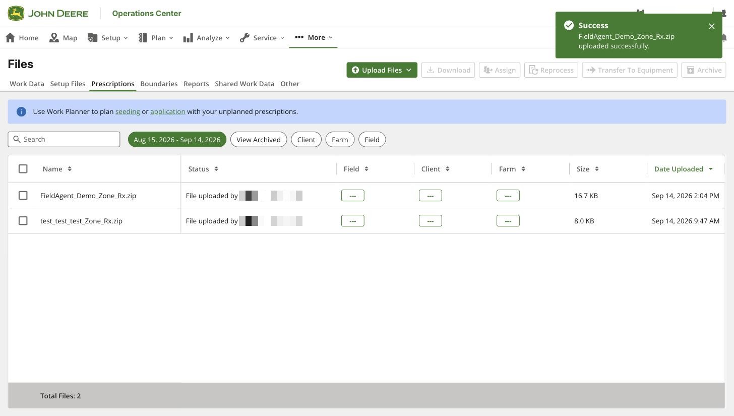 Operations Center Files Prescriptions page showing a successfully uploaded FieldAgent Zone Rx zip