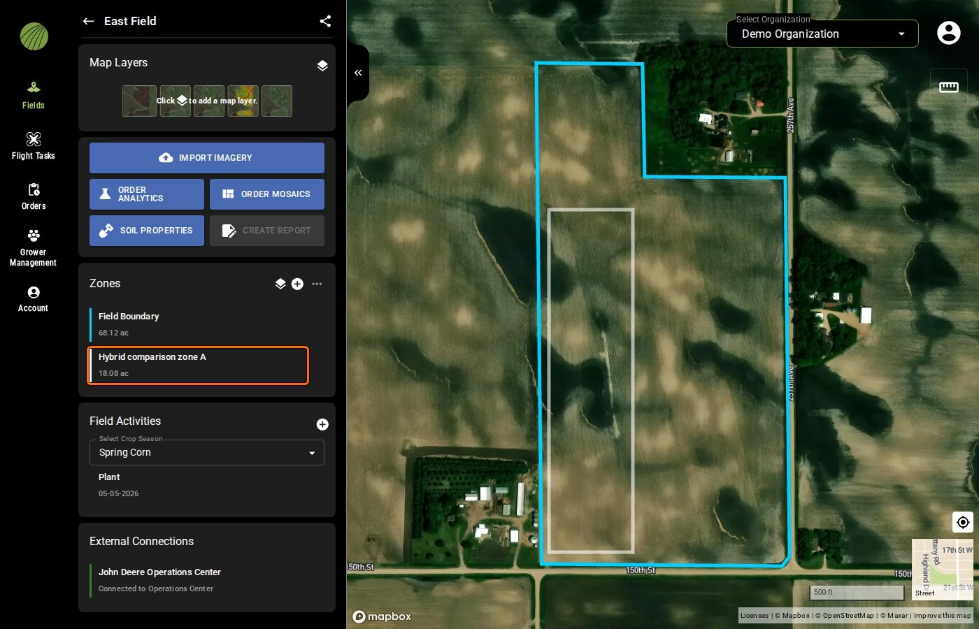 East Field with Hybrid comparison zone A, 18.08 ac, outlined in the Zones module under Field Boundary, and the zone drawn as a white rectangle on the map