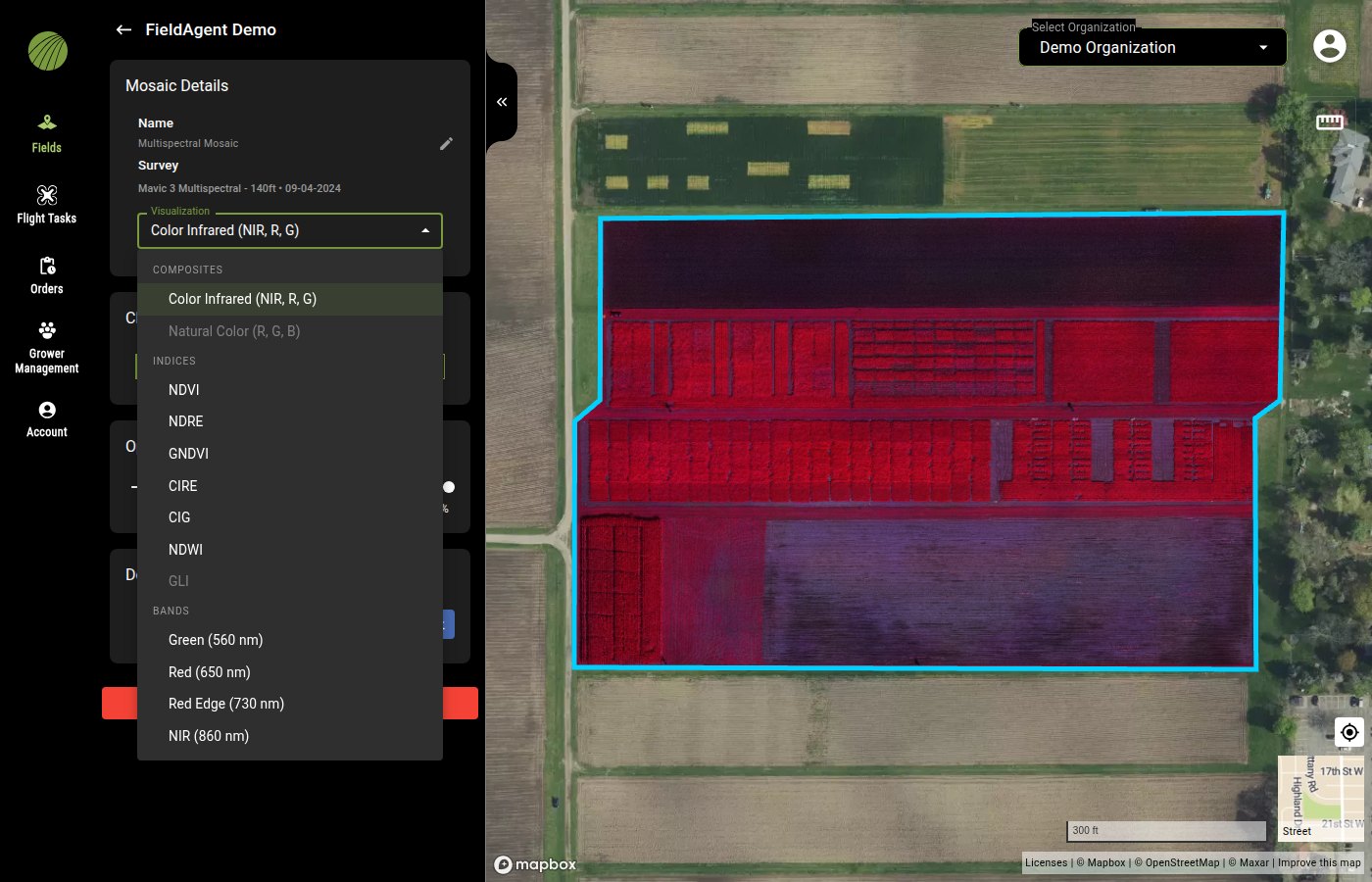 The Mosaic Details panel of a Multispectral Mosaic with the Visualization menu open, grouped into COMPOSITES with Color Infrared (NIR, R, G) selected and Natural Color (R, G, B) grayed out, INDICES with NDVI, NDRE, GNDVI, CIRE, CIG, NDWI and GLI, and BANDS with Green (560 nm), Red (650 nm), Red Edge (730 nm) and NIR (860 nm); the map shows the color infrared mosaic