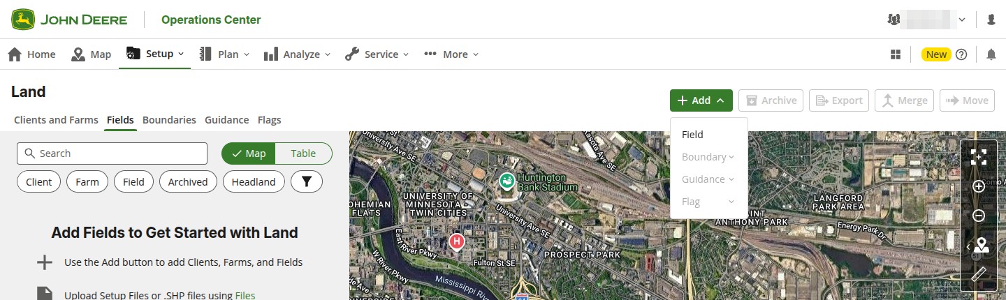 Operations Center Land › Fields of an organization without fields: Add Fields to Get Started with Land, and the Add menu with Field enabled and Boundary, Guidance and Flag grayed out