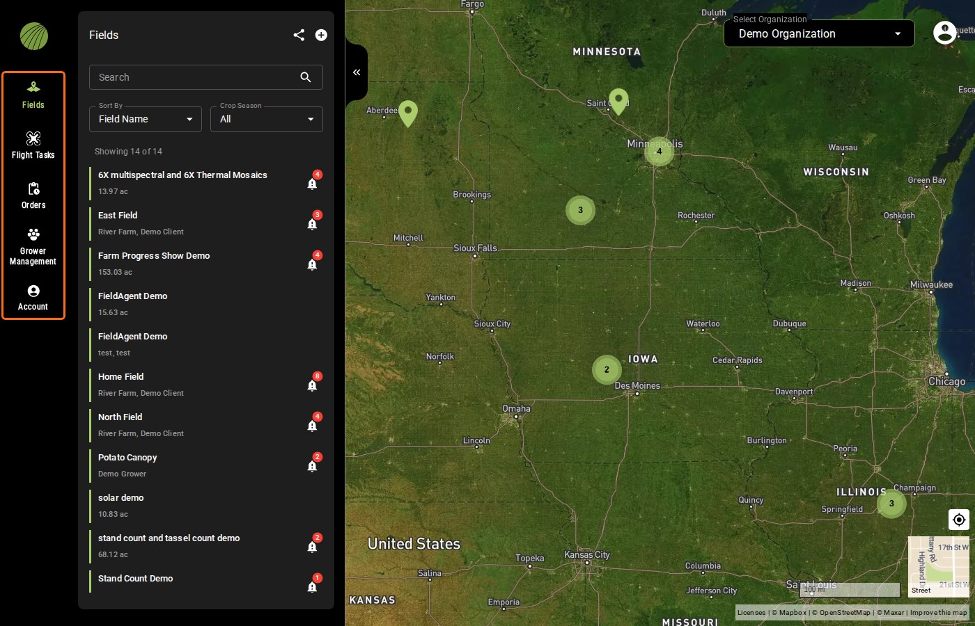 FieldAgent Web with the navigation bar outlined on the left, the Fields panel listing 14 fields, and a regional map of the Upper Midwest with clustered field markers