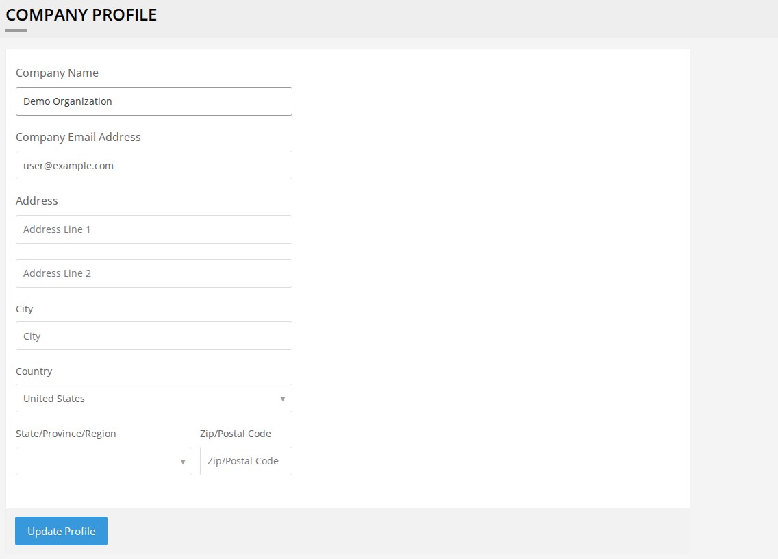 The COMPANY PROFILE form with Company Name, Company Email Address, Address Line 1, Address Line 2, City, Country, State/Province/Region and Zip/Postal Code fields and an Update Profile button