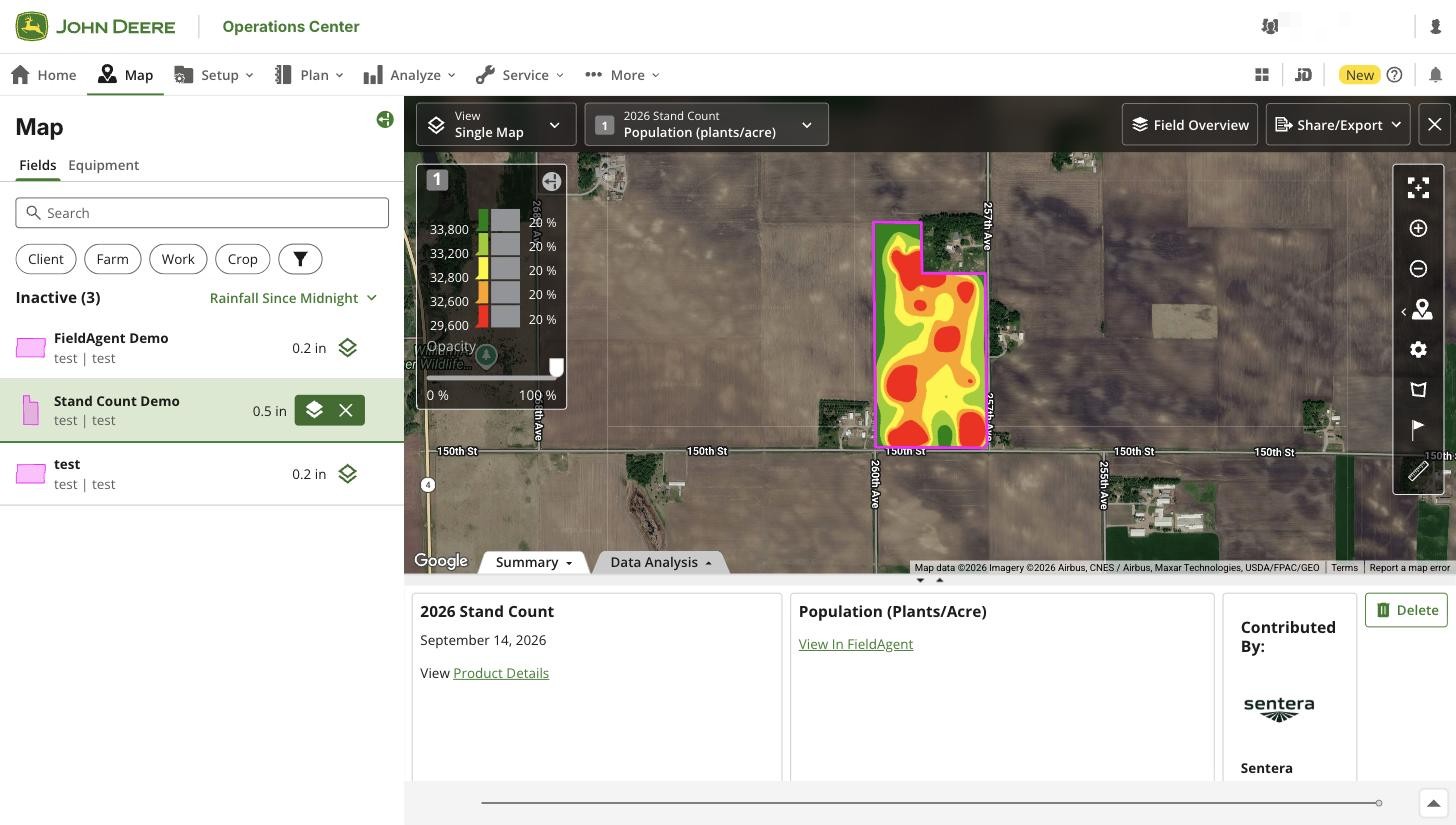 Operations Center Map with the layer 2026 Stand Count — Population (plants/acre) drawn over the field, its legend, and the Summary cards 2026 Stand Count, Population (Plants/Acre) with View In FieldAgent, and Contributed By Sentera