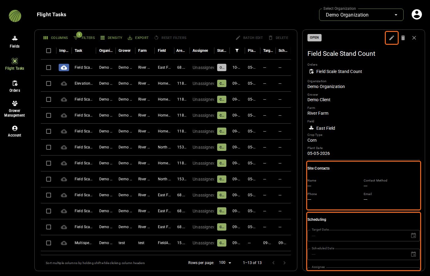 The Flight Tasks table with an OPEN Field Scale Stand Count task selected and its detail panel showing the order, organization, grower, farm, field, crop type and plant date, with the pencil, Site Contacts and Scheduling outlined