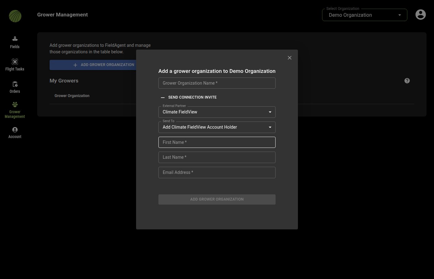 The Add a grower organization dialog with SEND CONNECTION INVITE expanded: External Partner Climate FieldView, Send To Add Climate FieldView Account Holder, and First Name, Last Name and Email Address fields