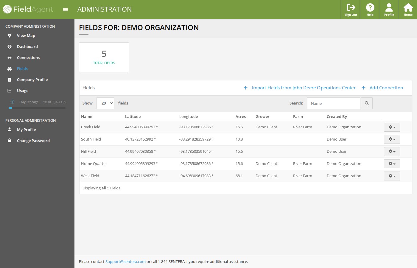 The Fields page, headed FIELDS FOR: DEMO ORGANIZATION, with a 5 TOTAL FIELDS tile and the Fields panel: the links Import Fields from John Deere Operations Center and Add Connection, Show 20 fields, Search: Name, and a table of five fields with Name, Latitude, Longitude, Acres, Grower, Farm and Created By columns and a gear button on every row